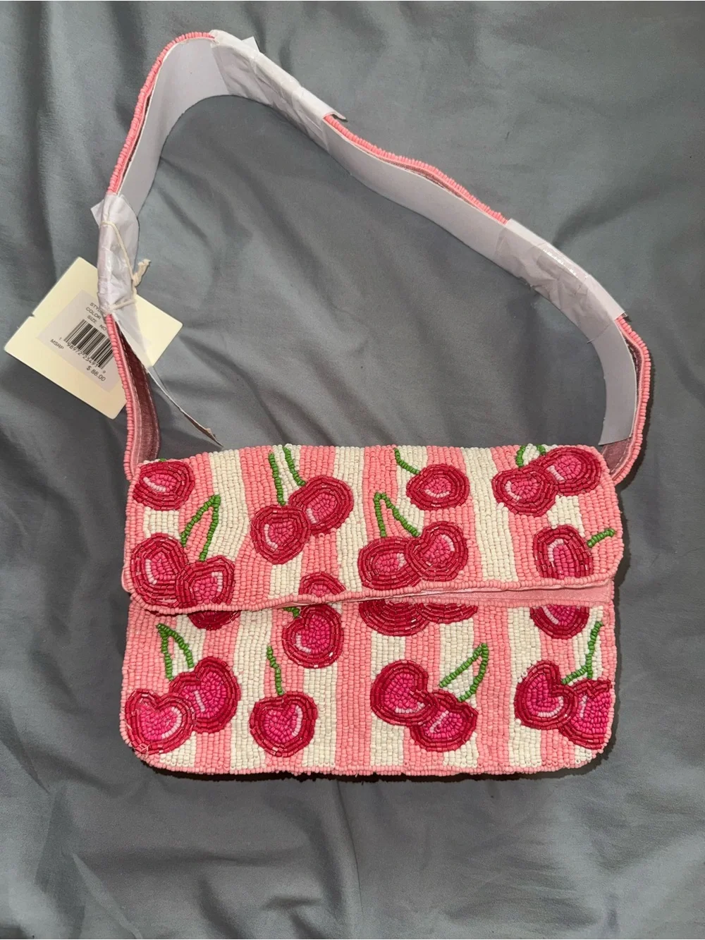 Beaded Cherry Striped Shoulder Bag Handmade in India New with Tags